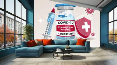 Omicron booster vaccine, vaccine against corona virus
Three doses of Covid-19 vaccine. Booster dose for high immunity. Syringes, vaccine bottles and shields to resist attacks from the omicron virus Wall mural