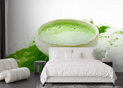 hot matcha green tea in a cup on a white background Wall mural