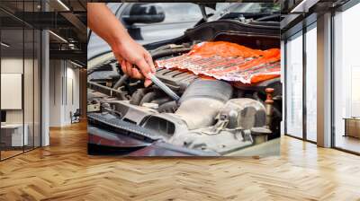 Man with checking car engine. Wall mural