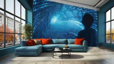 abstract binary code, technology, person looking at infinite numbers, technological waves, in blue, computer, very close, Generative Ai Wall mural