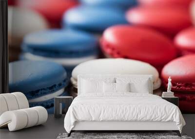 Closeup of Colorful Macarons in Red, White, and Blue Wall mural