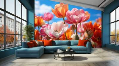 closeup of tulip garden and clear sky  Wall mural