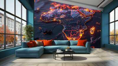 Digital Map of Africa with Illuminated Cities Wall mural