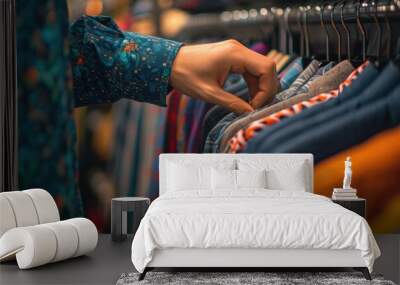 hand picking a shirt from a row of clothes in a clothing store. selective focus Wall mural