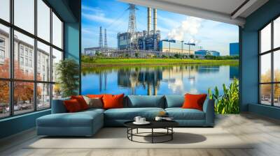 Industrial Power Plant Reflected in a Calm Lake Wall mural