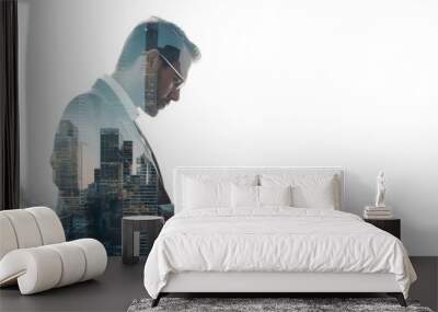 Photo double exposure businessman working on digital tablet on white  Wall mural