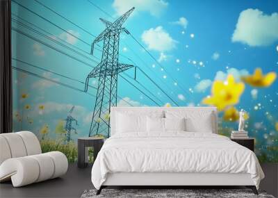 Power Lines in a Field of Flowers Wall mural