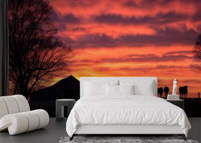 Silhouetted Cattle Herded at Sunset Wall mural