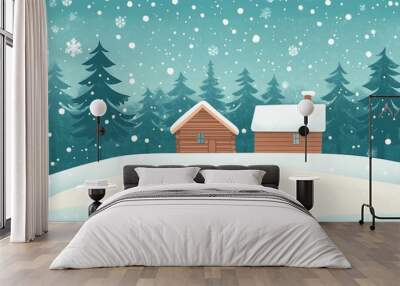 Snowy Forest Cabin Scene Wall mural