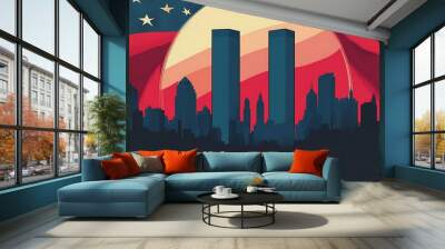 Twin Towers Silhouette with American Flag Wall mural