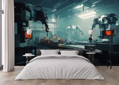 Two robotic arms working on an assembly line in a futuristic factory. Wall mural