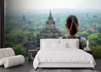 Woman Admires Ancient Temples in Southeast Asia Wall mural