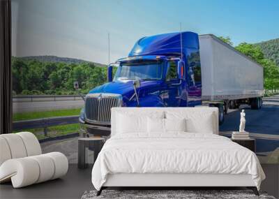 The blue truck and white container in transport industry is stop and rest on high way Wall mural