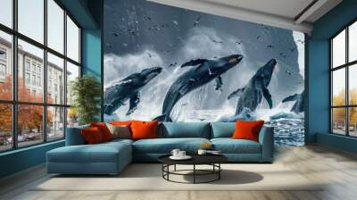 A flock of frolicking whales jumps out of the water, banner Wall mural