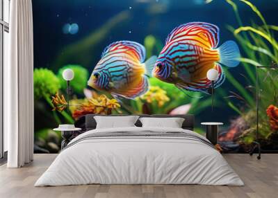 Aquarium fish Discus swim among algae and stones, corrals and underwater plants in an aquarium Wall mural