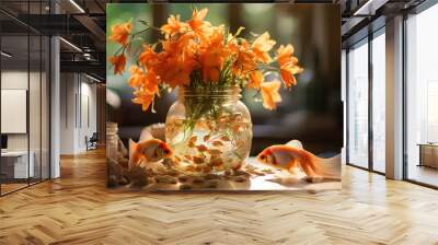 Aquarium Goldfish swim among algae and stones, corrals and underwater plants in an aquarium Wall mural