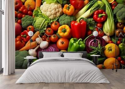 Background of fresh variety of vegetables, fresh vegetables from the garden, organic harvest Wall mural