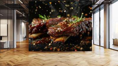 Beef short ribs, delicious juicy beef ribs with spices and sauce close-up on a board on a dark background Wall mural