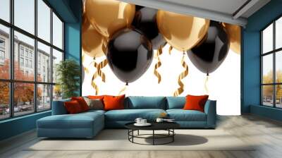 Gold and black holiday balloons on white background, birthday or anniversary concept, banner Wall mural