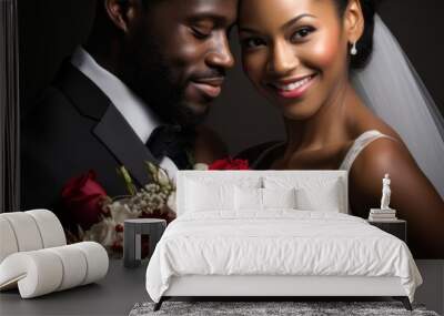 Happy smiling bride and groom, African American wedding couple, banner Wall mural