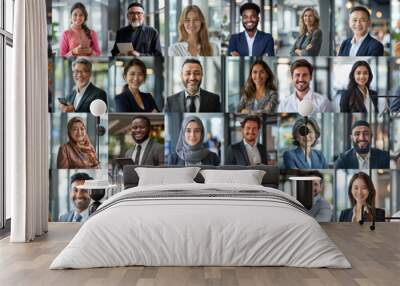 Mosaic collage of male businessmen and female businessmen of multiethnic face and different ages, portraits of successful people smiling at the camera Wall mural