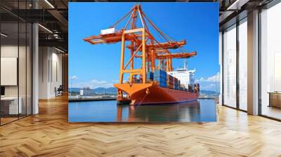 Sea cargo port, loading containers on a cargo ship Wall mural