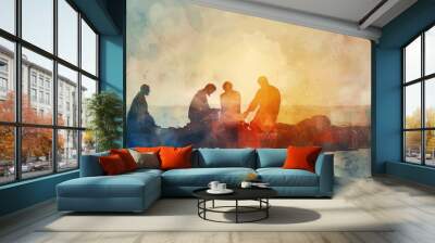 A minimalist watercolor scene depicting Jesus Christ washing the disciples' feet, with soft lighting effects Wall mural