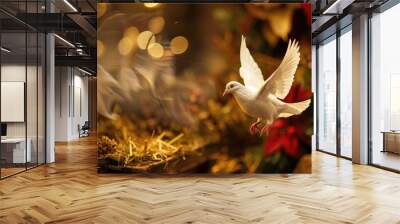 A peaceful dove flying over a nativity scene, symbolizing the Holy Spirits presence during Christmas Wall mural