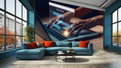 AI Chatbot. Businessman using computer with artificial intelligence with command prompt for generate. Technology links information digital marketing, innovation futuristic, big data. Wall mural