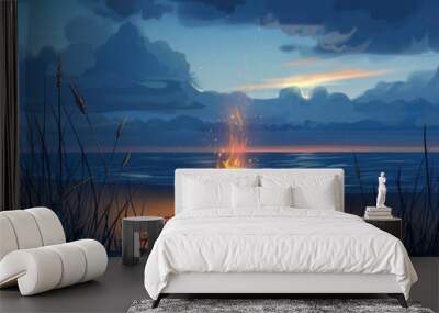 Beach bonfire clipart glowing in the twilight Wall mural