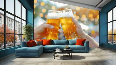 beer festival with people toasting glasses close up, social gathering, vibrant, Composite, beer garden backdrop Wall mural