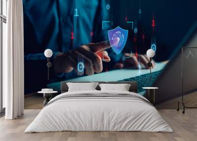 Cybersecurity and privacy. Protection for data information. cybercrime. Compromised information internet. Lock icon and internet network security technology. Businessman protecting personal data Wall mural