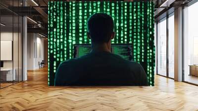 Developer writing HTML code with a green matrix-style background, hacker-like aesthetic, advanced coding scene Wall mural