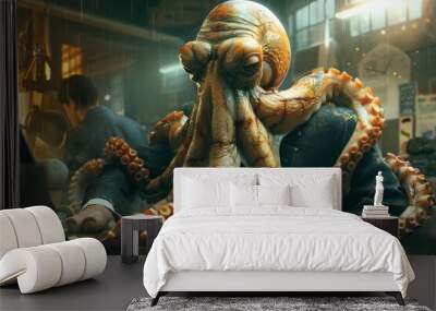 Hyper-realistic octopus in a suit, multitasking in a chaotic newsroom Wall mural