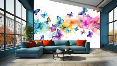 Spring butterfly migration, colorful watercolor wings flutter on a white background Wall mural