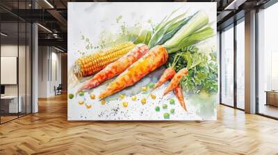 Watercolor sketch of sweet corn, carrots, and peas, vibrantly alive on a white canvas Wall mural