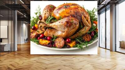 A golden-brown roasted turkey with fresh herbs and sides, all against a white background. Wall mural