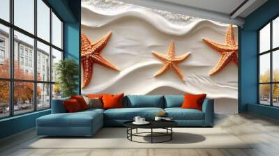 Abstract Beach Scene with Orange Starfish on Pale Sand Wall mural