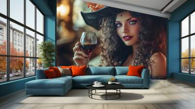 Alluring witch with bold makeup and cascading curls raises a toast at Halloween's revelry Wall mural