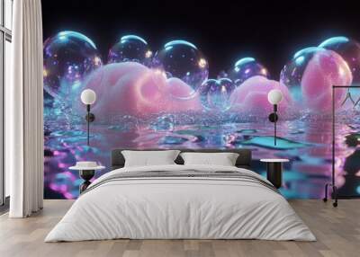 Neon 3D Rendering of Water Bubbles and Foam Wall mural