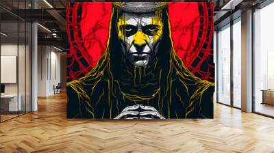 The dark lord of technology. Creepy portrait of an evil tyrant with electric wires. Scary illustration of an old man holding a control device. The techno king wearing a robe and a crown Wall mural