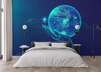 Abstract human hand holding hologram with digital city and glowing planet on blue background, AI technology  Wall mural