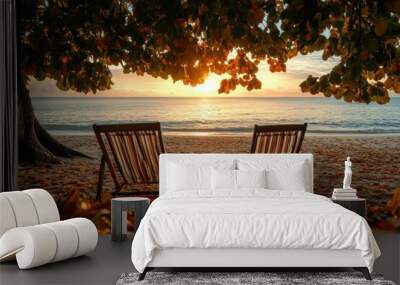 calm evening at the sandy tropical beach with two deck  Wall mural