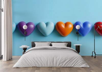 olorful hearts arranged in a row on a blue background  Wall mural