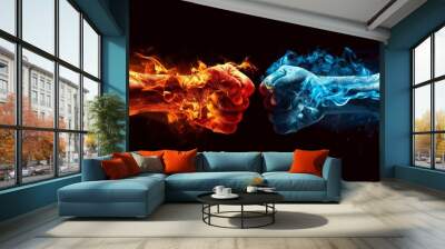 Two fists made of fire and ice facing thunderbolt Lightning Red other on a white background, Wall mural