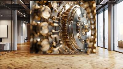 Close-up of a complex golden safe lock mechanism with intricate details. Wall mural