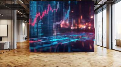 Futuristic digital financial graph displayed on a glowing screen. Vibrant colors illustrate stock market trends and data analysis. Ideal for tech and finance related projects. Wall mural