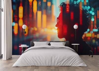 Silhouette of a person with technological processing in the background, futuristic digital interface, vibrant lights. Wall mural