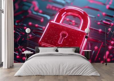 3D rendering of a red, glowing padlock icon on a digital background Wall mural