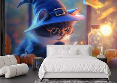 A cute black cat wearing glasses and a witch hat is making potions in a laboratory, surrounded by glowing lights, small pumpkins, glittering stars, crystal glass vials filled with golden liquid Wall mural